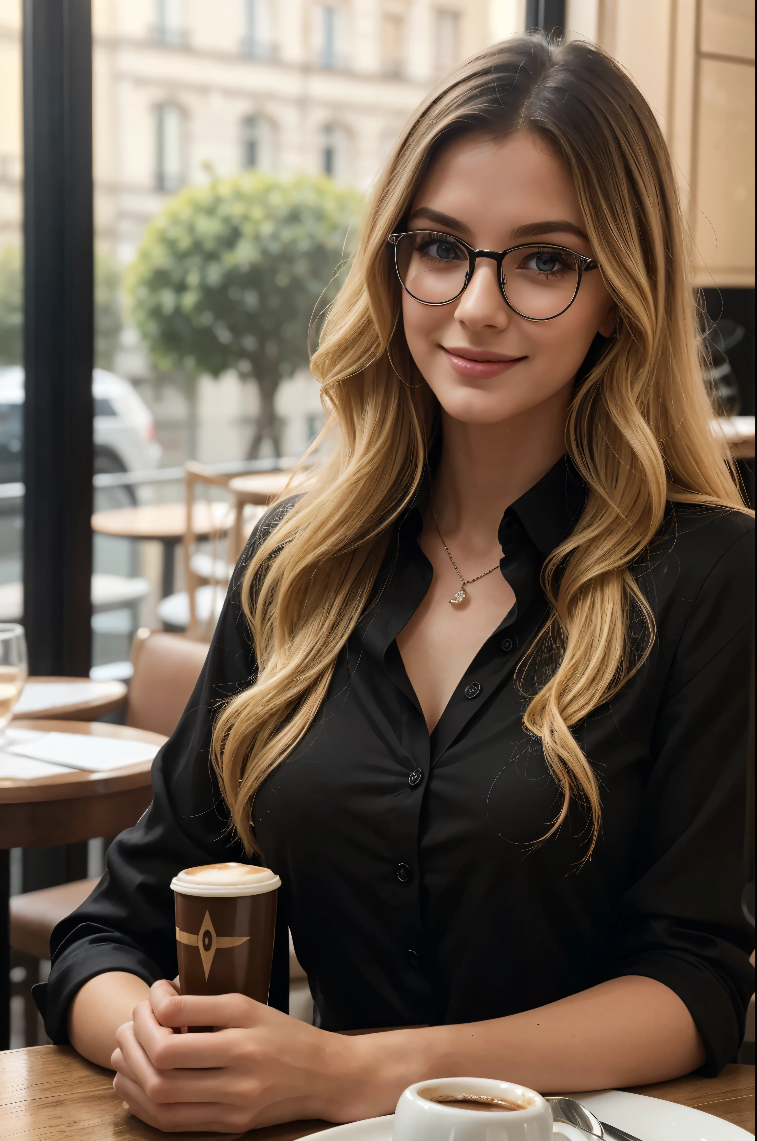 masterpiece, best quality, extremely detailed, hyperrealistic, photorealistic, a beautiful 20s french model, in luxurious cafe, sitting at table with a coffee cup:1.2, black shirt:1.1, ultra detailed face, wavy hair, blonde hair, pale skin, busty breasts, smiling, glasses, perfect hands, perfect fingers