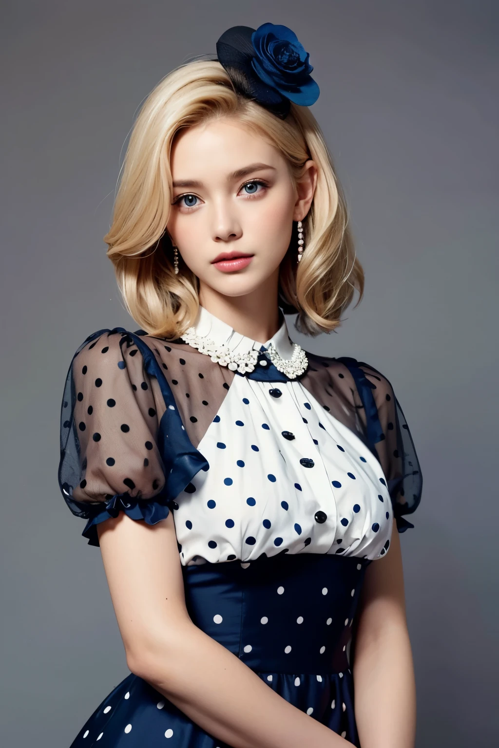 Model and background intact, Beautiful blonde woman wearing an extremely conservative white and dark blue polka dot dress with short puff sleeves, fully dressed in pearls for Royal Ascot, magazine pose,