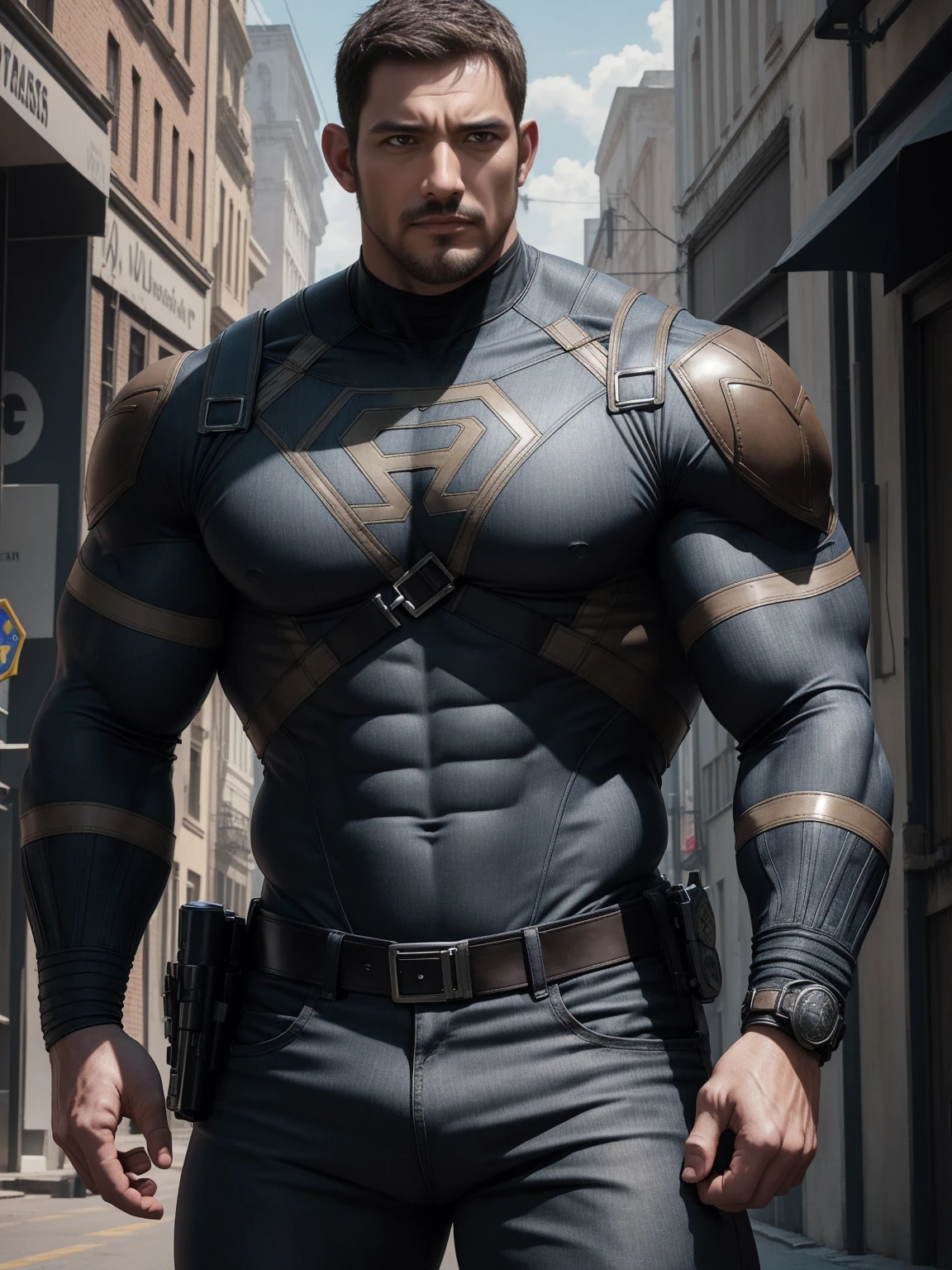 One Tall giant muscular police officer,  Buzz Cut，On the old-style outdoor streets, Wear long-sleeved grey-brown superhero Black Panther bodysuit, Denim fabric texture，The expression is arrogant, Lift your chin, Messy hair, Thick thighs, High Neck Long Sleeve Gray Brown Superhero Bodysuit, very tight, Regular symmetrical pattern, Highlight muscles, Police uniform pants, character concept（Resident Evil - Chris Redfield, Chris Redfield）A proud expression, Deep and charming eyes, Heroic male pose, tall Burly, muscular！muscular thighs, tough guy, perfect facial features, High, Burly, Heqiang, Super polished and cool, High Resolution Committee, Charismatic, The sun is blazing, dazzling