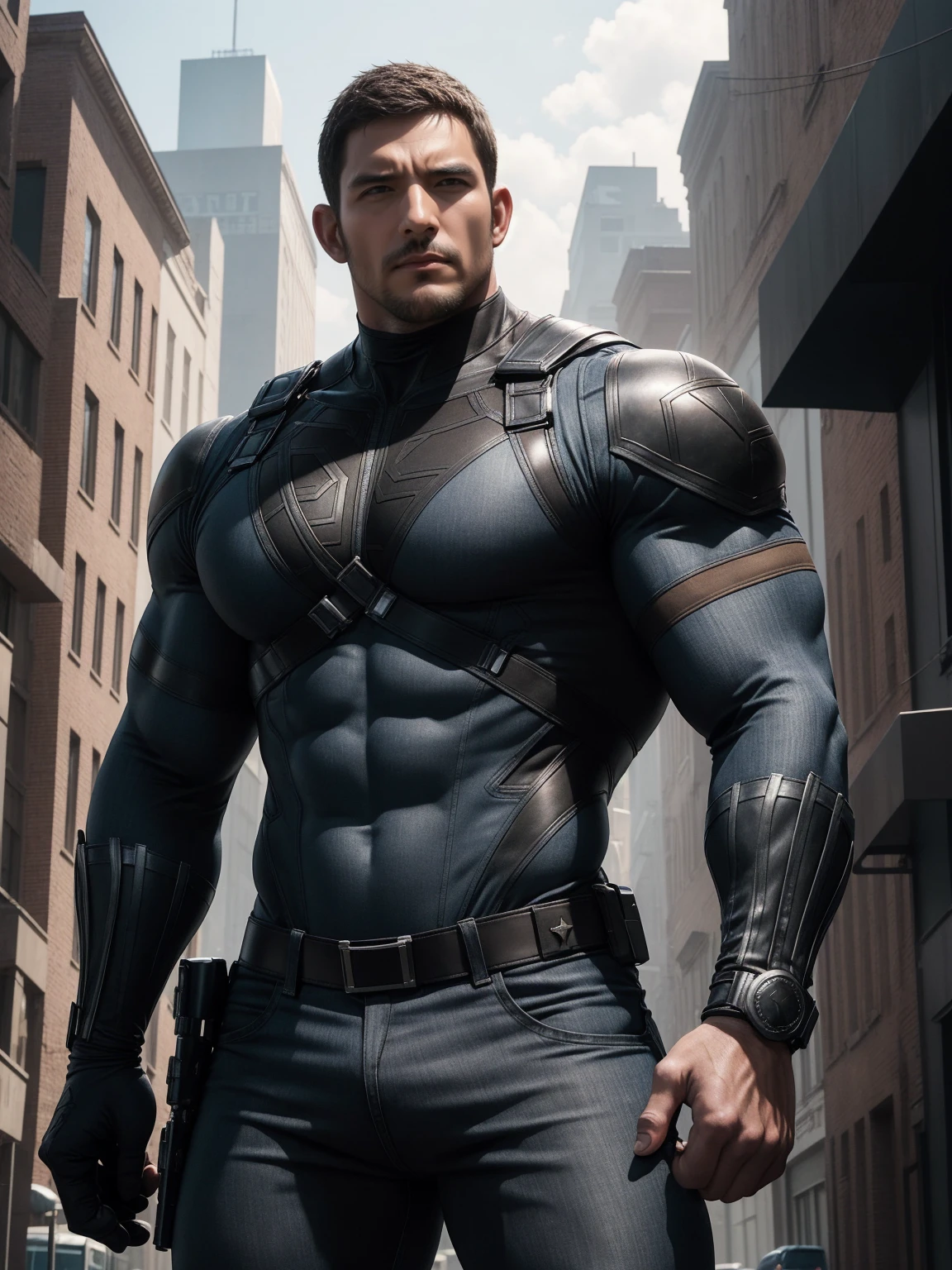 One Tall giant muscular police officer,  Buzz Cut，On the old-style outdoor streets, Wear long-sleeved grey-brown superhero Black Panther bodysuit, Denim fabric texture，The expression is arrogant, Lift your chin, Messy hair, Thick thighs, High Neck Long Sleeve Gray Brown Superhero Bodysuit, very tight, Regular symmetrical pattern, Highlight muscles, Police uniform pants, character concept（Resident Evil - Chris Redfield, Chris Redfield）A proud expression, Deep and charming eyes, Heroic male pose, tall Burly, muscular！muscular thighs, tough guy, perfect facial features, High, Burly, Heqiang, Super polished and cool, High Resolution Committee, Charismatic, The sun is blazing, dazzling