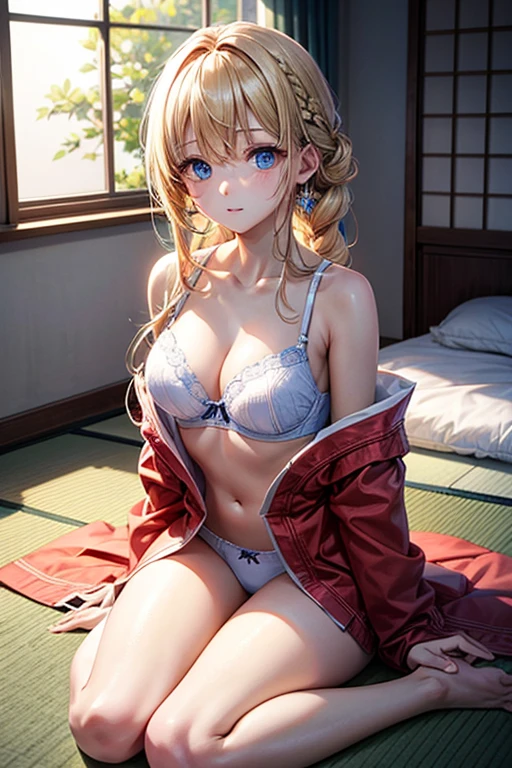 masterpiece, highest quality, High resolution, -yeld giblue eyes、
blonde, Braiding、Long Hair、White bra、White panties、Japanese-style room、futon、Sitting cross-legged