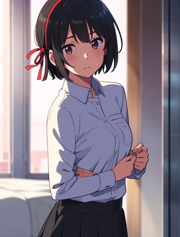 1boy, buzzcut, face to face, passionate hug, 1girl, , long sleeved white shirt with a pocket and a red ribbon on the collar, medium breast, shirt tucked down, short hair, black hair, brown eyes, cowboyshot, close up, bedroom, looking at the viewer, skirt lift, showing her white panties, hair band, hair ribbon ,