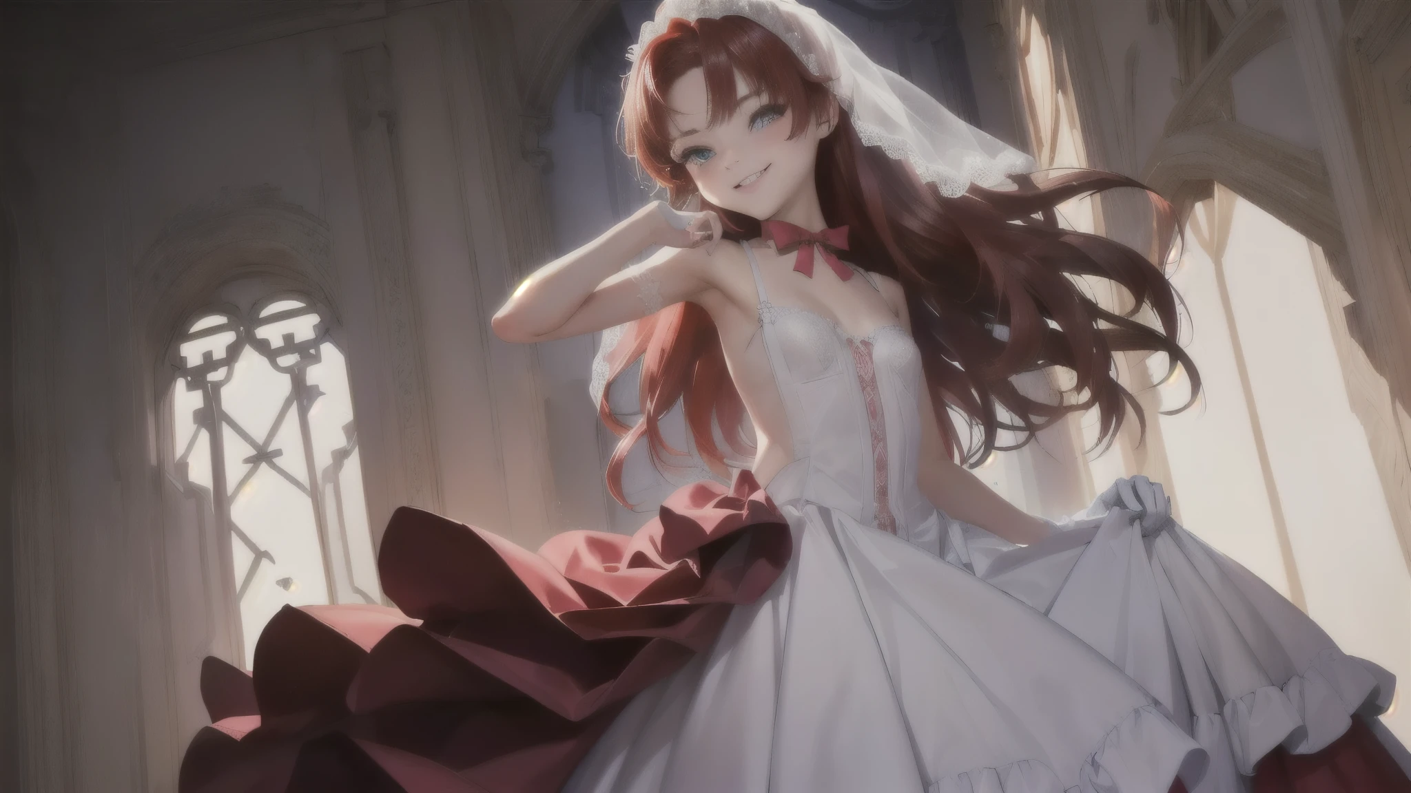 Clear image, sharp lines, high contrast, 1boy, Feminine boy, femboy, cheeky bright smile, bright colors, small wedding veil on head, long red hair, flat chested, male chest, Full-length image, Boy in Full-length, flat chest, wedding gloves, correctly drawn fingers on the hand, skimpy wedding dress, deep neckline on the dress, slight mockery, lace, long eyelashes, bangs, cutout in the dress between the breasts