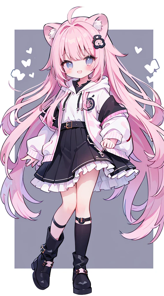 (masterpiece、top-quality、hightquality)、full body of a young girl、One Little Girl、Long pink hair、Tied hair、Fluffy、Black short skirt、Mafia Girls、full bodyesbian、Fluffy atmosphere、Leather boots、Pure white background、smil、Active、lion motif hoodie、