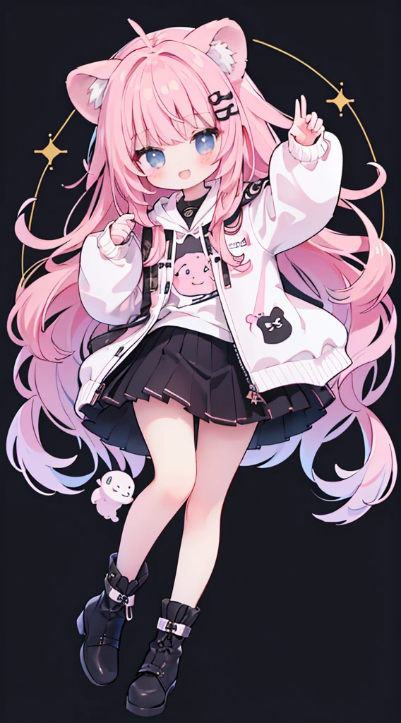 (​masterpiece、top-quality、hightquality)、full body of a young girl、One Little Girl、Long pink hair、Tied hair、Fluffy、Black short skirt、Mafia Girls、full bodyesbian、Fluffy atmosphere、Leather boots、Pure white background、smil、Active、lion motif hoodie、