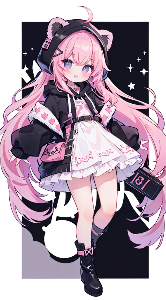 (​masterpiece、top-quality、hightquality)、full body of a young girl、One Little Girl、Long pink hair、Tied hair、Fluffy、Black short skirt、Mafia Girls、full bodyesbian、Fluffy atmosphere、Leather boots、Pure white background、smil、Active、lion motif hoodie、