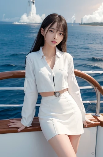 Lots of details, (Narrow waist), 30 years old, Detailed black hair, Beautiful detailed hair, So beautiful, Intricate details、Beautiful and delicate eyes, Perfect hands, (small breasts highest quality), Perfect and delicate limbs, Detailed skin, highest quality, Super detailed,
whole body, (((Girls Front))), (Leaning on the railing of a cruise ship:1.4), Make your long hair fluffy, A light smile, White shirt, White Skirt, High heels, Open jacket, White clothes, Ocean, (Flames from a rocket launch seen in the distance:1.4),