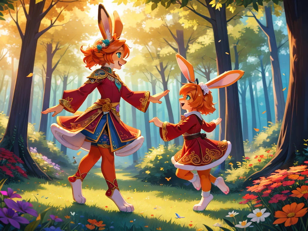 side view, bright colors, fantasy style art, beautiful anthropomorphic female bunny, mature and young, tall character, 5 feet 11 inches tall, fluffy bunny fur, furry fluffy skin, bunny paws, bunny feet, teal eyes, orange fur, furry orange skin, orange hands, orange bunny paws, orange bunny feet, long wavy bright orange hair, shapely body, skinny body, healthy body, purple and red warrior outfit, ornate red clothes, fancy purple patterns and symbols, 2 red dress coattails hanging down her sides, long draping red sleeves, poofy rabbit tail, running through a lush fantasy forest, skipping happily, exploring, green trees, in the spring, beautiful spring forest, thick forest, colorful flowers scattered in the bushes, butterflies in the air, sunlight coming through the trees, smiling happily, excited expression, wide eyes, large smile open mouth, high quality digital art, 2k, professional illustration, highly detailed