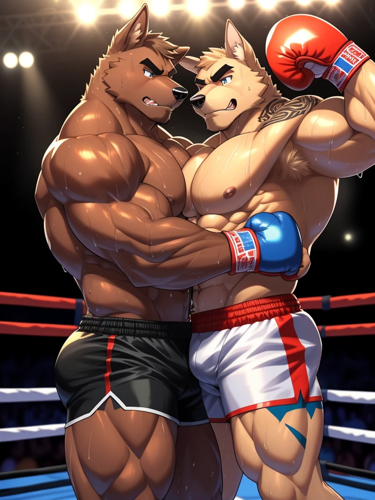 Duo male fighters(Brown Dog vs Coffe Dog, handsomes, perfect eyes, Thick eyebrows), Staring(They are cuddling embraced around their necks, flexing abs, body frottage, in a boxing match), hot(Shirtless), handsomes(They are handsomes, correct anatomy), musculosos(Big muscle bodies, Six packs, muscle abs, big pecs, muscle legs, muscle backs), sweaty(very sweaty wet bodies, shiny sweat), tatuajes(they have tattoos), Angry(They have an angry expression), Boxing gloves(They both are wearing boxing gloves), Shorts(They are wearing black boxing shorts), Hight resolution