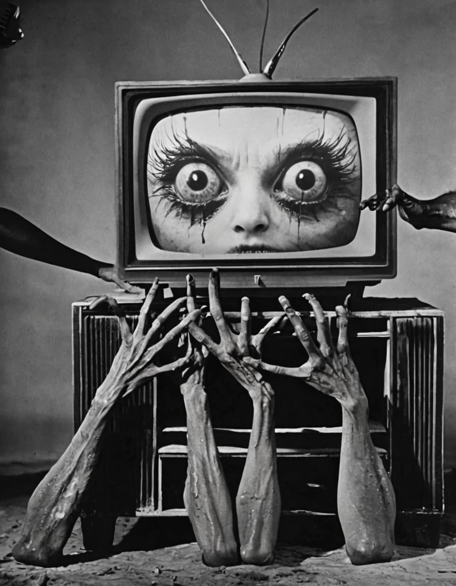 several monstrous arms and hands, deformed and emaciated with frightening eyes on the back of the hands as well as on the arms, all out of the screen of a cathodic television