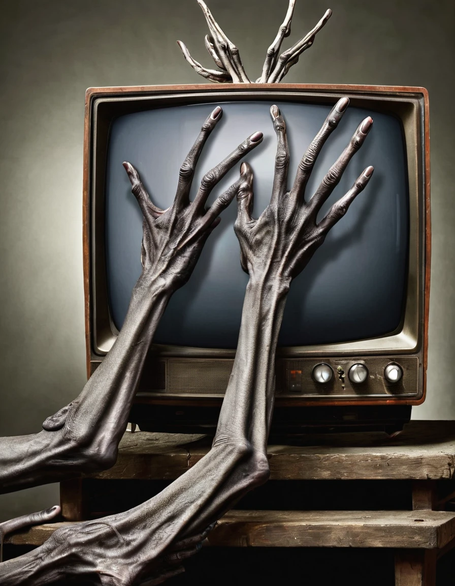 several monstrous arms and hands, deformed and emaciated with frightening eyes on the back of the hands as well as on the arms, all out of the screen of a cathodic television