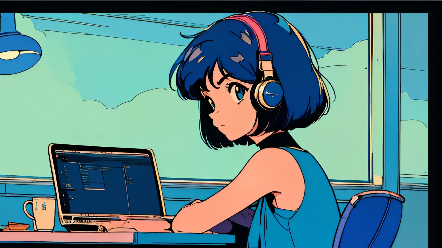 City pop style art, Shoulder-length blue hair, Bobcut, Wearing headphones, Futuristic yet lo-fi, Retro, Vintage, Ghost,masterpiece, (( Side Shot)), Sit at a desk and concentrate on studying, Laptop and coffee on the desk, (( Midnight )), (( Looking down ))