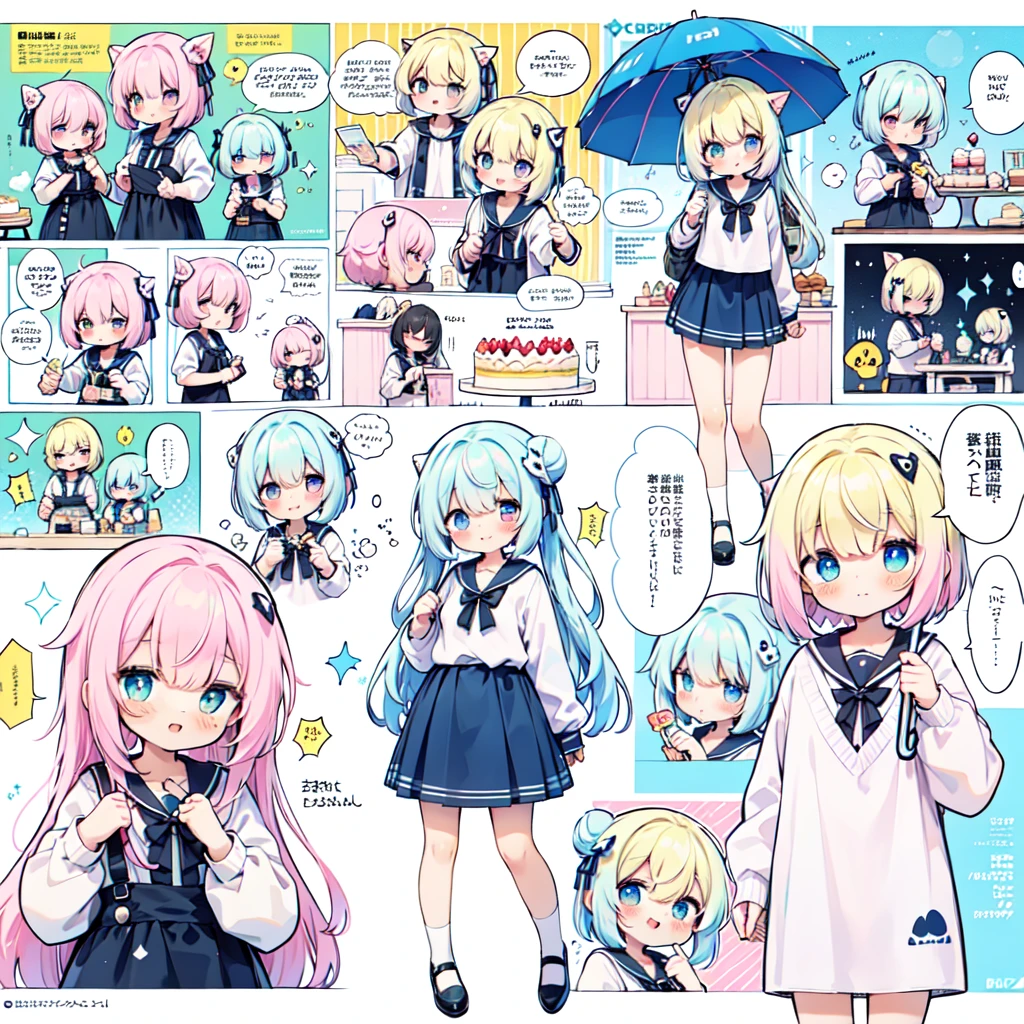 1girl in, ((comic strip))、(Multiple texts)、(Voice bubbles)、Pastel muted colors,holding a pastel umbrella、umbrellas、 (The color palette is yellow:1.2, Blue:1.2, Pink:1.2), (Blue hair bun and blonde), Short Fashion Skirt, Sitting on a throne made of sweets and pastries, For example, donut, sprinkle, candy, lollipop, candy cane, a cake, cupcake, Cake Pop, Ruffles and lace, polka dot, Long bat ears
