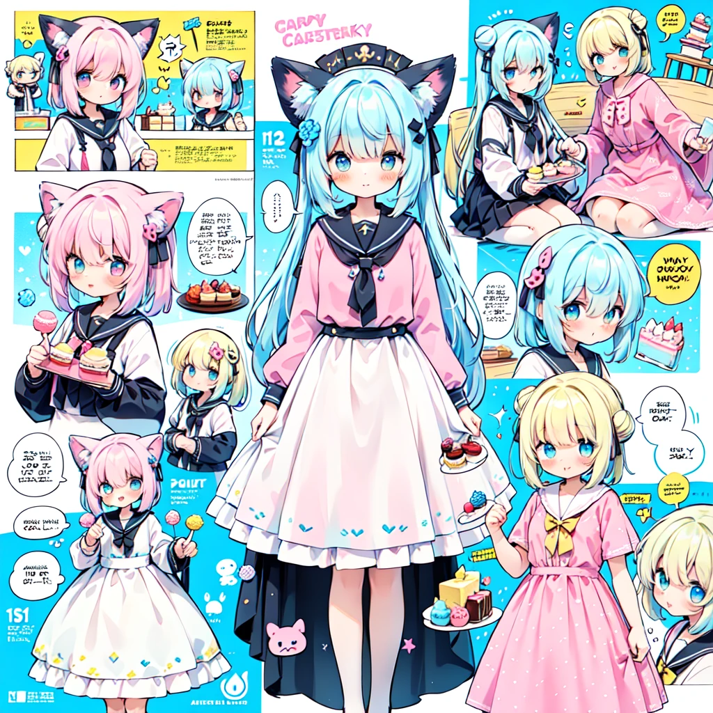 1girl in, ((comic strip))、(Multiple texts)、(Voice bubbles)、Pastel muted colors,holding a pastel umbrella、umbrellas、 (The color palette is yellow:1.2, Blue:1.2, Pink:1.2), (Blue hair bun and blonde), Short Fashion Skirt, Sitting on a throne made of sweets and pastries, For example, donut, sprinkle, candy, lollipop, candy cane, a cake, cupcake, Cake Pop, Ruffles and lace, polka dot, Long bat ears
