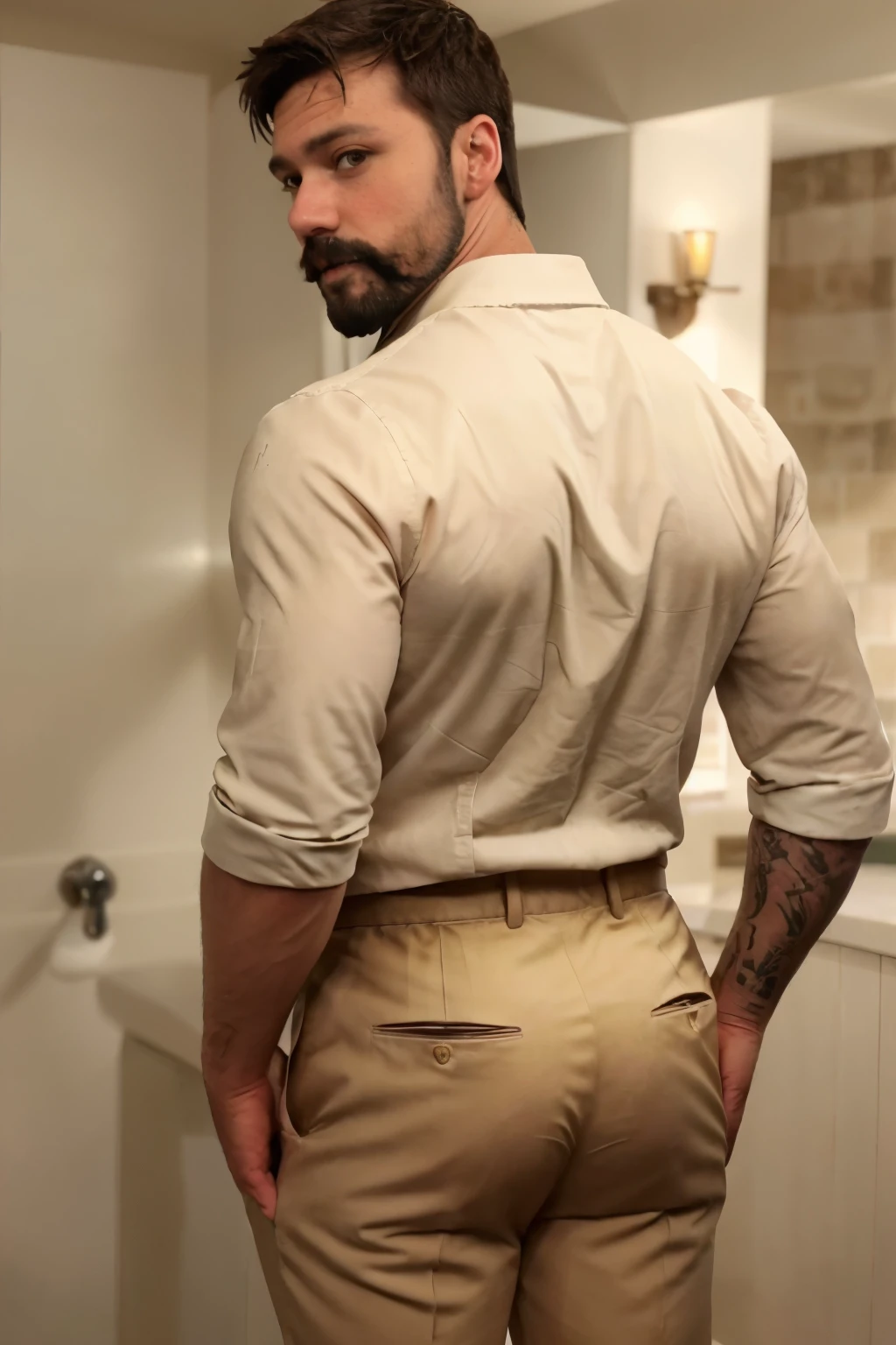 JordanBrandt, 45yo, short mustache and beard, wearing ropa semi formal, creme trousers, backside