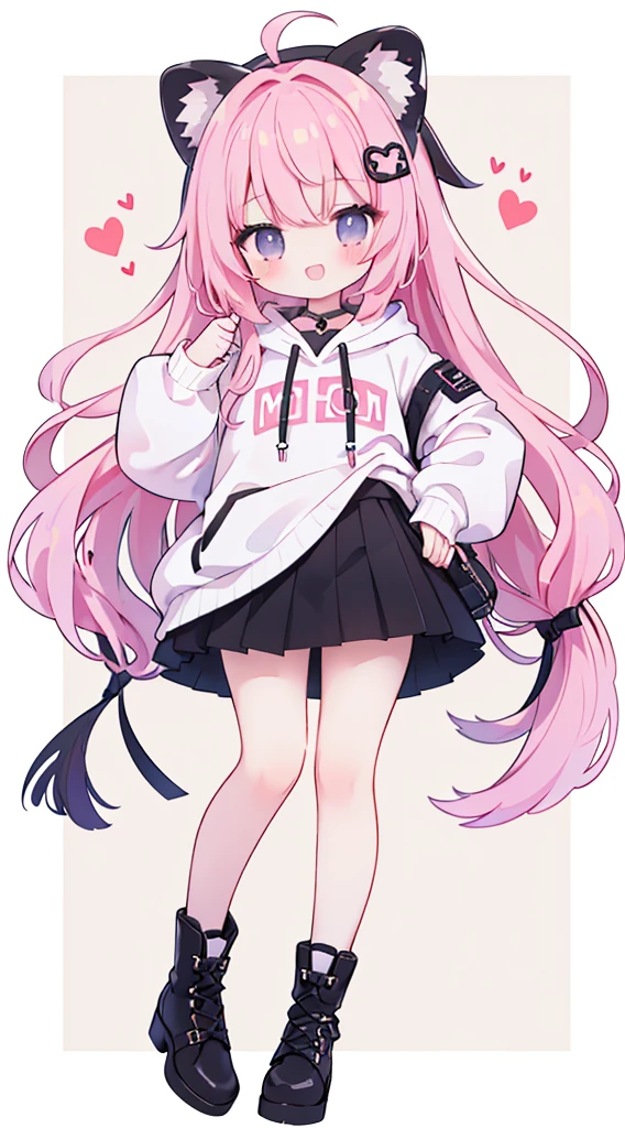 (masterpiece、top-quality、hightquality)、full body of a young girl、One 、Long pink hair、Tied hair、Fluffy、Black short skirt、Mafia Girls、full bodyesbian、Fluffy atmosphere、Leather boots、Pure white background、smil、Active、lion motif hoodie、