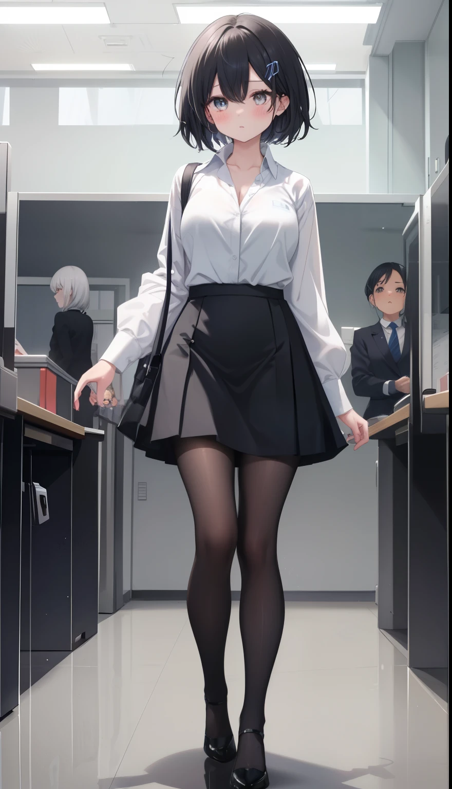 One Girl、positive、Standing posture、Full body portrait、Black Hair、Medium Haircut、blush、Absolute area、Black knee-high socks、Knee-length、stockings、Black Pantyhose、White underwear、Light blue shirt、Blue-gray business suit、Grey tight super mini skirt、Japanese office lady、Summer clothes、classroom、Standing at the podium、Daytime、（Very large breasts）、Cleavage、open chest shirt、((Lesbians all over the world))、masterpiece、（highest quality）、
Panties around the ankles、Black high heels、Shirt buttons fly off、The wind blows up my skirt、hold the skirt with both hands、hairpin