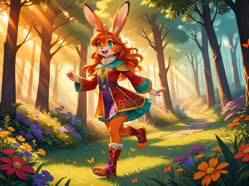 solo character, side view, bright colors, fantasy style art, beautiful anthropomorphic female bunny, mature and young, tall character, 5 feet 11 inches tall, fluffy bunny fur, furry fluffy skin, bunny paws, bunny feet, teal eyes, orange fur, furry orange skin, orange hands, orange bunny paws, orange bunny feet, long wavy bright orange hair, shapely body, skinny body, healthy body, purple and red warrior outfit, ornate red clothes, fancy purple patterns and symbols, 2 red dress coattails hanging down her sides, long draping red sleeves, poofy rabbit tail, running through a lush fantasy forest, skipping happily, exploring, green trees, in the spring, beautiful spring forest, thick forest, colorful flowers scattered in the bushes, butterflies in the air, sunlight coming through the trees, smiling happily, excited expression, wide eyes, large smile open mouth, high quality digital art, 2k, professional illustration, highly detailed