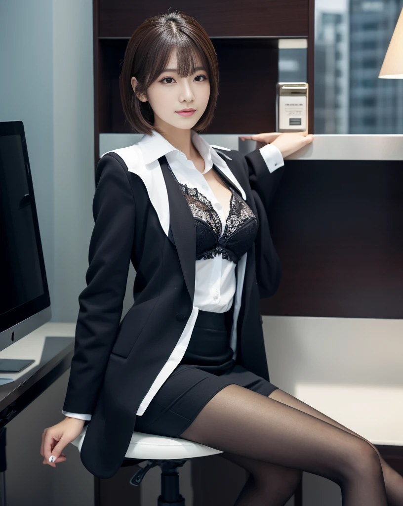 (masterpiece), ((highest quality)), (masterpiece,highest quality,Official Art,Highly detailed CG Unity 8k wallpaper), , Beauty Photography, woman，alone,An elegant, upper-class, elite secretary in a business shirt,Perfect look，double eyelidの目，Delicate makeup， Working in the office,厳格なbusiness suitを着用する, Wear pantyhose,Wear high-end heels,Girl in a shirt, Wearing a suit, Huge ,Full Body Lesbian,Wearing a suit, Wearing a suit, merchant, Business Attire, 黒いWearing a suit, Wear a shirt and skirt, スーツを着たwoman, business suit，Computer chair，sit down，Erlang Leg，High heels，Displaying the viewer，Bright，Intricate details，Feet Focus,From below,Cool Beauty,Tall Girl,short hair,Accurately expresses the fine details of the face and skin texture,Beautiful Eyes, double eyelid,Delicate skin,Slim figure,alone,Big Breasts,