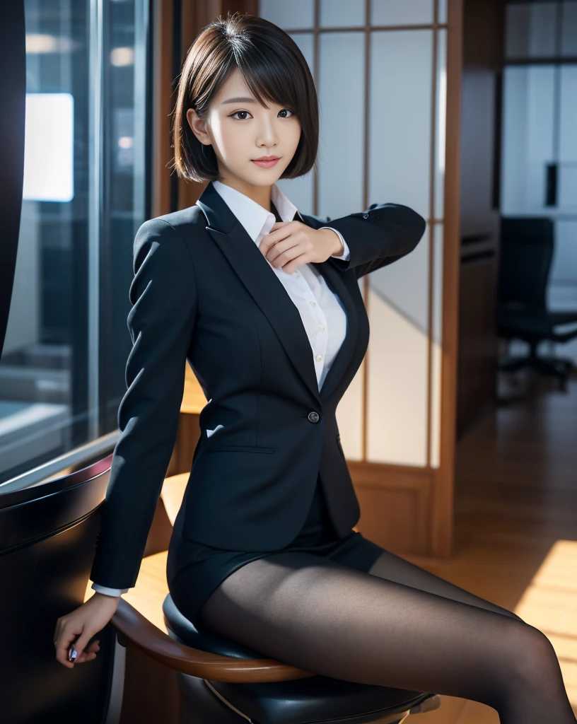 (masterpiece), ((highest quality)), (masterpiece,highest quality,Official Art,Highly detailed CG Unity 8k wallpaper), , Beauty Photography, woman,alone,An elegant, upper-class, elite secretary in a business shirt,Perfect look,double eyelidの目,Delicate makeup, Working in the office,厳格なbusiness suitを着用する, Wear pantyhose,Wear high-end heels,Girl in a shirt, Wearing a suit, Huge ,Full Body Lesbian,Wearing a suit, Wearing a suit, merchant, Business Attire, 黒いWearing a suit, Wear a shirt and skirt, スーツを着たwoman, business suit,Computer chair,sit down,Erlang Leg,High heels,Displaying the viewer,Bright,Intricate details,Feet Focus,From below,Cool Beauty,Tall Girl,short hair,Accurately expresses the fine details of the face and skin texture,Beautiful Eyes, double eyelid,Delicate skin,Slim figure,alone,Big Breasts,