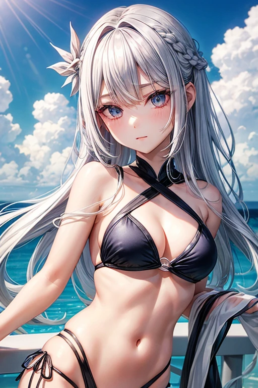 A hairstyle with all hair swept back、Strange Eyes、Strange Eyes、Silver hair back、male、Her hair is shoulder-length、Strange Eyealeの左目赤色、male右目青、Increase the wide angle、Clear Eyes、Swimwear、bikini、Pool、