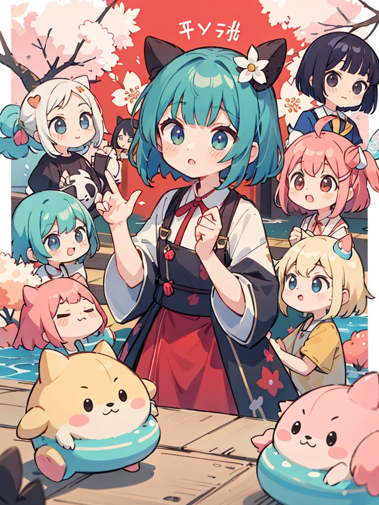 Peach Sakura Style, kawaii design, (((10 people)))、The most beautiful girl、Red Cliff, Colorful Bob Hairstyle、((Lots of friends to explore