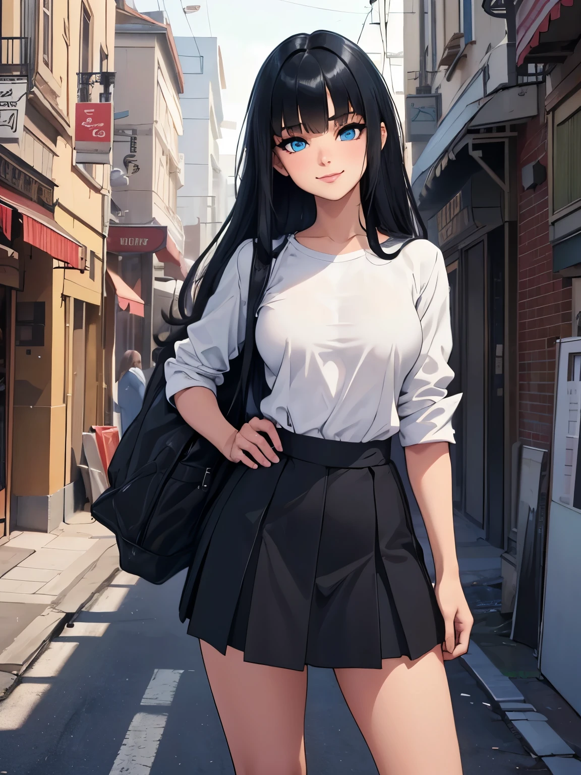 (masterpiece, Digital Art, Digital Illustration, 4K, 8K, Ultra-detailed, beautiful image, Sharp Image, Photorealistic, Raw photo, Perfect face, Perfect lines, Perfect eyes, Soft lighting), ultra detail, very young girl, (((blue eyes, bangs, black long hair, pretty face, pretty smile, very small breasts)), innocent, cute,  wearing casual shirt skirt , street, standing with hands behind back