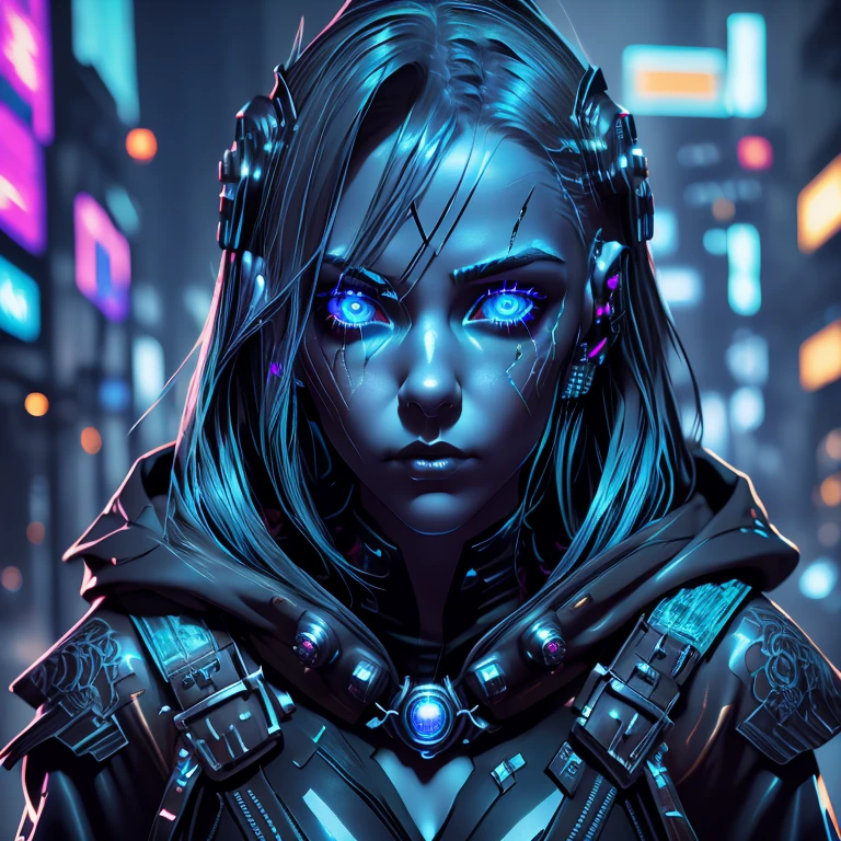 Portrait of a girl with a hood on and a face covered in blue lights, glowing eyes!! intricate, intricate cyberpunk make - up, cyberpunk face, cyberpunk makeup, metal and glowing eyes, hyper-realistic cyberpunk style, sci - fi look, bright cyberpunk glow, has cyberpunk style, cyberpunk photo, cyberpunk style ， hyperrealistic, beautiful cyberpunk girl face