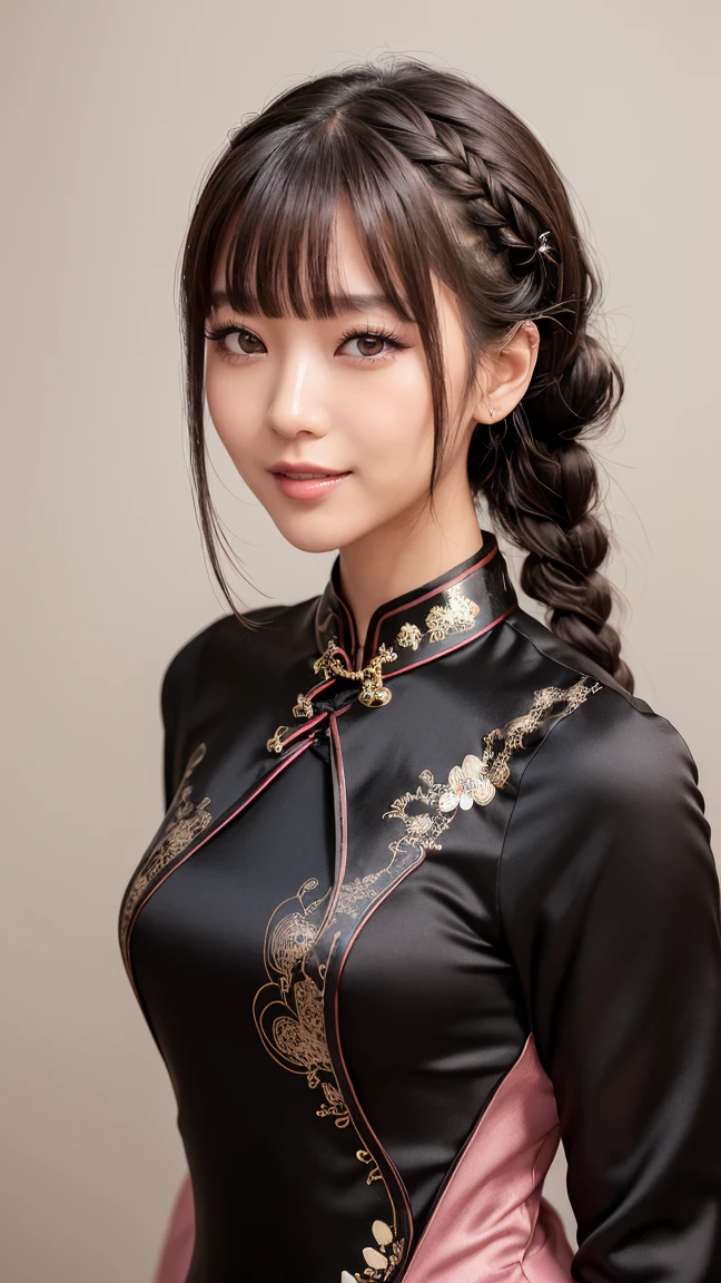 Realistic, masterpiece, highest quality, Highest resolution, Gray blank background, One Japanese woman, Happy smile, Detailed and beautiful eyes, Iris, Sparkling eyes, Thin eyebrows, Gives your eyelashes a delicate finish, False eyelashes, Natural Makeup, (Bun hair, Braided Hair, Blunt bangs, Brown Hair:1.2), Detailed face, She looks to the side and into the distance, laughing, Mouth open, cheeks pink, (Classic and sexy dark brown cheongsam, Detailed decoration:1.3), (Fitted clothing:1.3), Upper body photo, Leaning forward