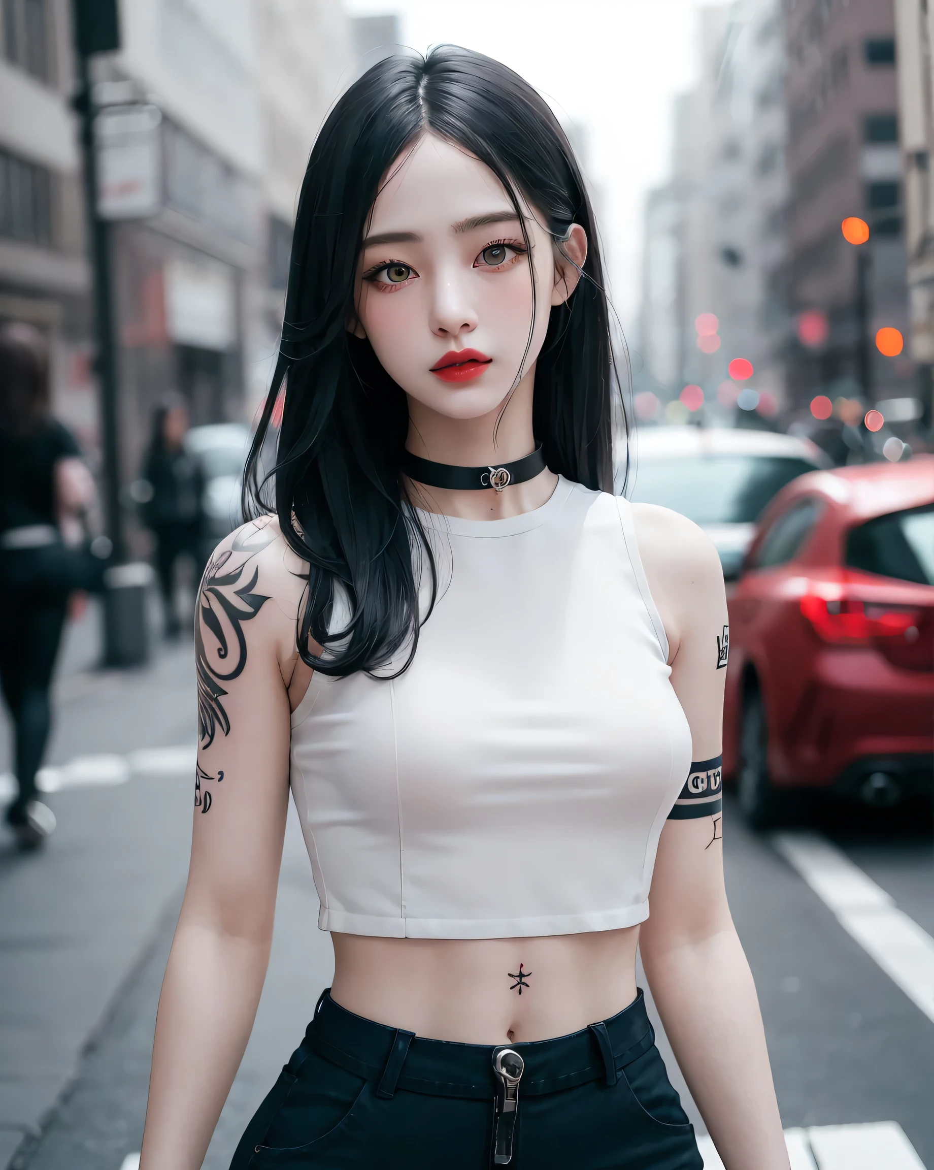 One girl, Gray Hair, Long Hair, Techwear masterpiece, highest quality, Realistic, realism, Dark purple jacket, Portraiture, Fine grain, , Platinum Hair, 21 year old girl, Fashion pose, Half Body, Wide shot, on the road, cyber punk,(((He has many tattoos all over his body)), (((Tight waist))), ((Big Breasts)),(See-through),panties