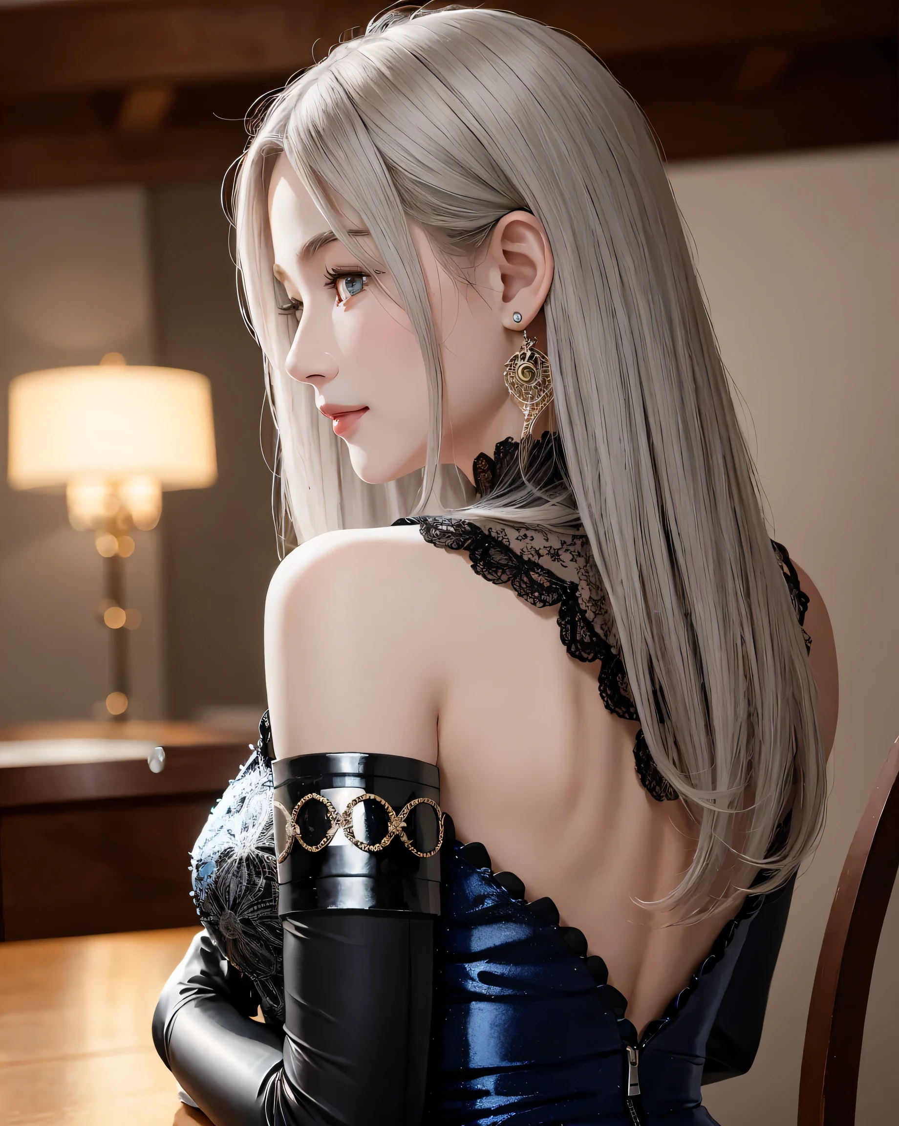 View from behind、(Realistic painting style:0.9), Tabletop, , Red pupils, One Girl, alone, chest, Long Hair, dress, Grey Hair, Chest cleavage, View your viewers, smile, Mouth closed, bangs, Grey Eyes, jewelry, Big Breasts, Earrings, Tight dress, gloves, Exposing shoulders, No sleeve, Single Sleeve, Hair between the eyes, Large chest, Twin Drill, White sleeves, hair ornaments, Various movement poses、View from behind,Sexy Style