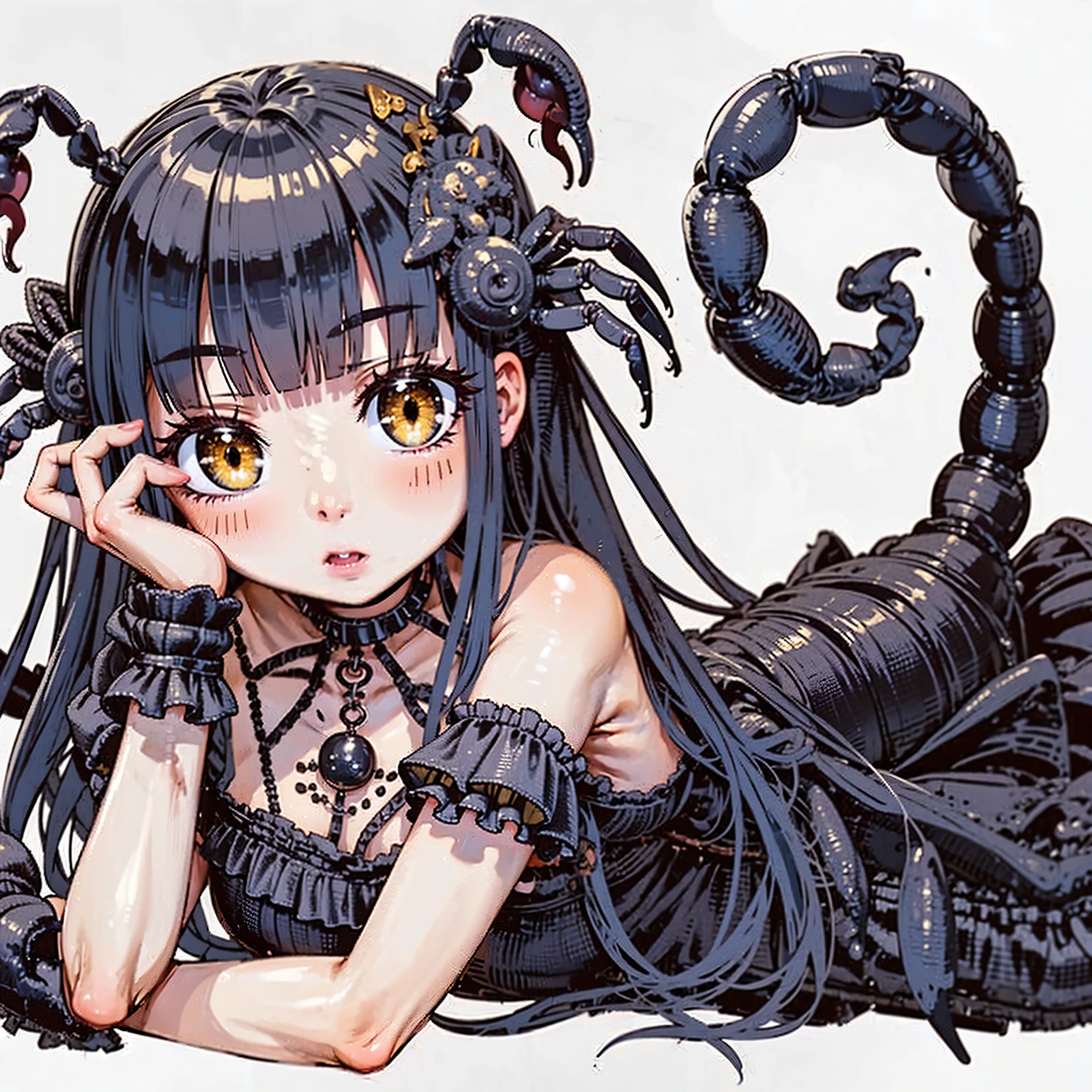A girl with a scorpion tail. She's wearing a gothic dress. Her one hand becomes a scorpion's claw. She has yellow eyes hair ornament in her hair. mucus. Relaxing pose.