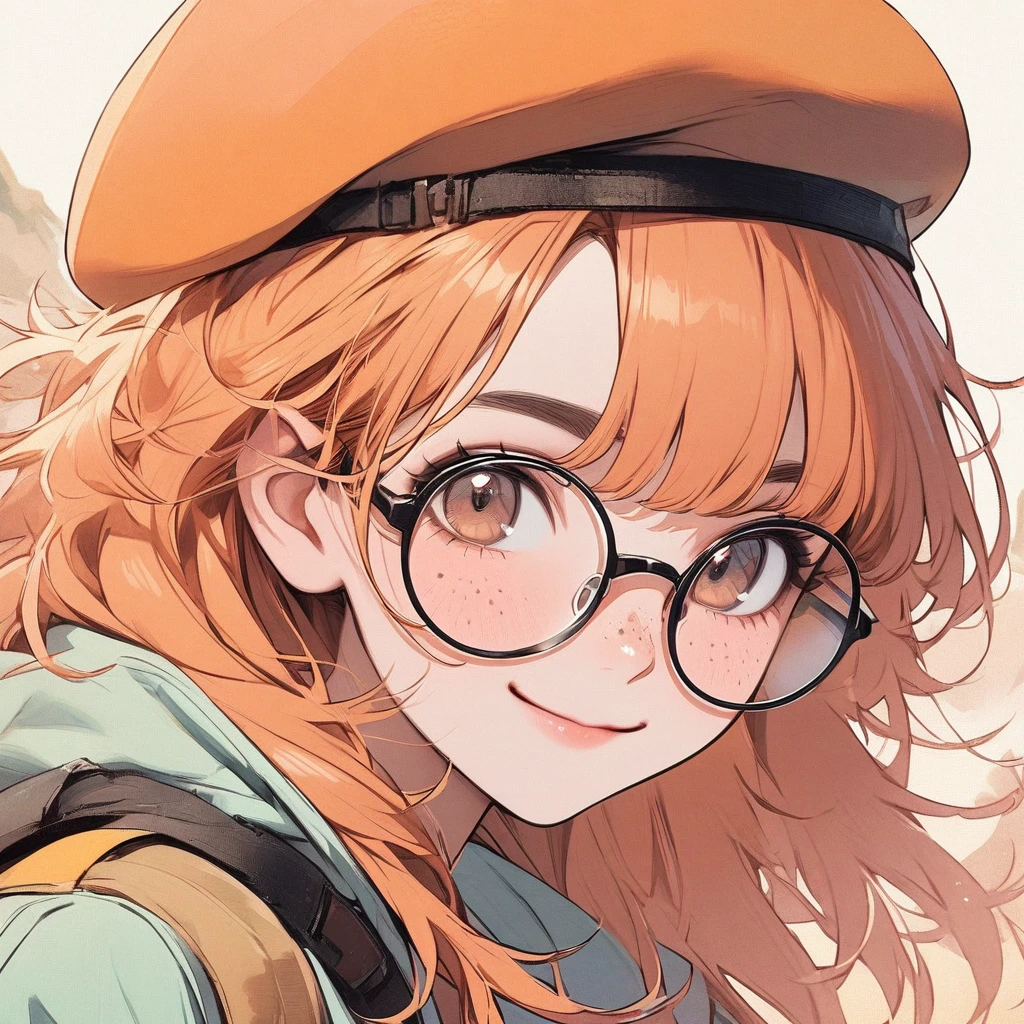 Girl, pastel orange hair, pastel colors, face close up, messy hair, adventure, explorer, beret, round glasses, smiling, pure, simple, brown eyes, big freckles