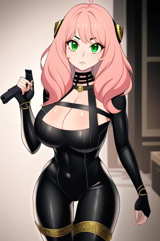 1girl, solo, masterpiece, best quality, combination of Anya Forger and Yor Forger, pink hair, green eyes, intricate details of Yor Forgers face, mature female, matured face, silver earrings, looking at viewer, long hair with long locks, sidelocks, hair ornament, hairband, medium breasts, hourglass figure, tight black bodysuit, cleavage, silver utility belt, black fingerless gloves, black thigh boots, standing, she's looking directly at the viewer with a (fierce, dangerous and alluring) gaze. Her gaze is both alluring and fierce, as she holds a gun with a delicate yet deadly grip. (Best Quality, Amazing Detail:1.25)