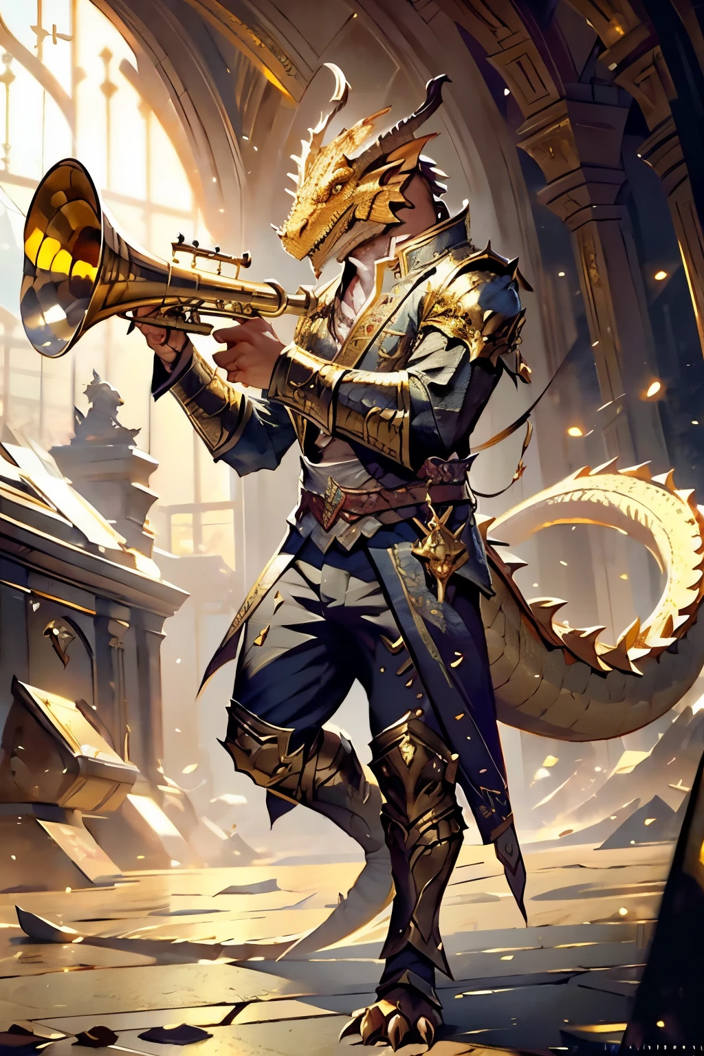 Brass Dragonborn, male, trumpet, Full body portrait, scales, Tail, Gain, clothing, ((masterpiece, best quality)), Artwork by Greg Rutkowski