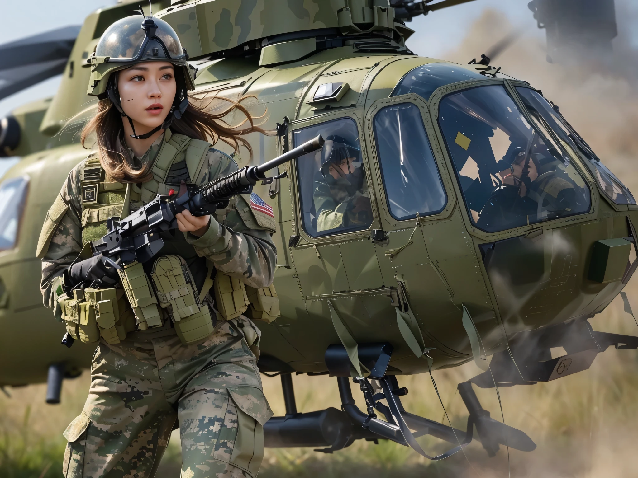 Female soldier advances with helicopter