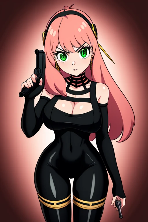 1girl, solo, masterpiece, best quality, combination of Anya Forger and Yor Forger, pink hair, green eyes, intricate details of Yor Forgers face, mature female, matured face, silver earrings, looking at viewer, long hair with long locks, sidelocks, hair ornament, hairband, medium breasts, hourglass figure, tight black bodysuit, cleavage, silver utility belt, black fingerless gloves, black thigh boots, standing, she's looking directly at the viewer with a (fierce, dangerous and alluring) gaze. Her gaze is both alluring and fierce, as she holds a gun with a delicate yet deadly grip. (Best Quality, Amazing Detail:1.25)