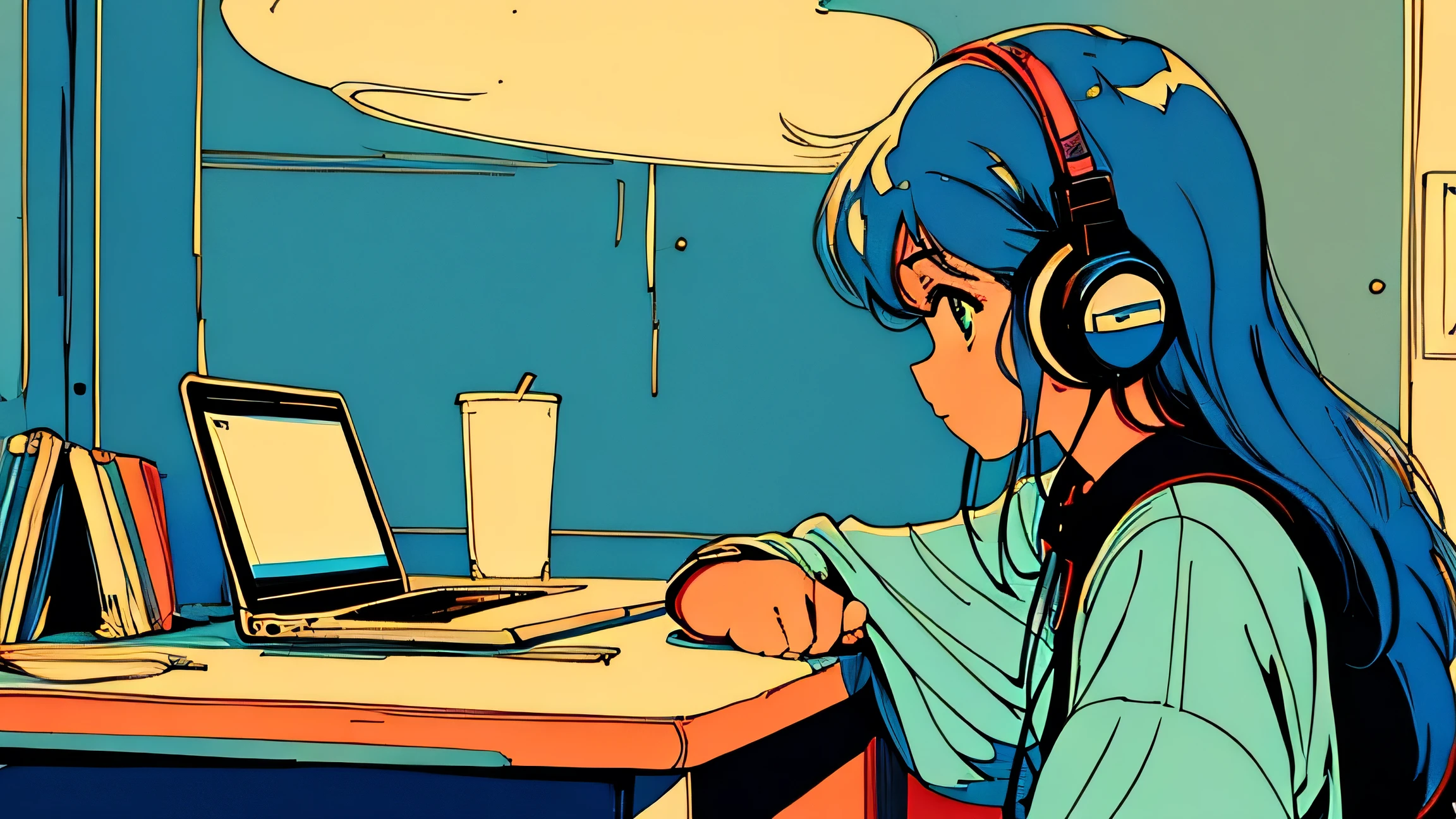 City pop style art, Light blue hair, Shortcuts, Wearing headphones, Futuristic yet lo-fi, Retro, Vintage, Ghost,masterpiece, (( Side Shot)), Sit at a desk and concentrate on studying, Laptop and coffee on the desk, (( Midnight )), (( Looking down ))
