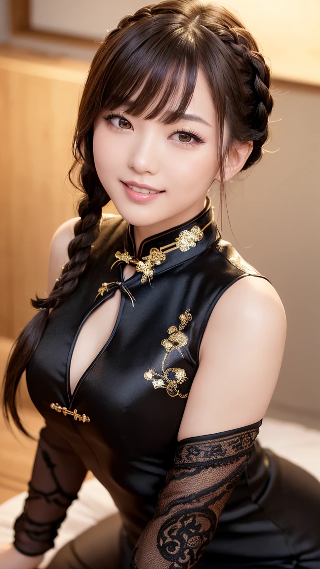 8K Ultra HD, Digital SLR,Film Grain, Fujifilm XT3,(highest quality:1.3), (masterpiece:1.1), High resolution, Cinematic Light, Intricate details, (Realistic) (Night view) Realistic backlight、Dramatic red toned light、Beautiful Japanese Geisha full body photo, ((Facial texture Pore details)), Grin、Devilish smile, Simple messy hairstyle, She is wearing a black satin kimono decorated with a traditional dragon motif., Open shoulders, Colorful dragon tattoos all over the body, Has a long sword blade, Inside a traditional villa, 8k, Foreground Bokeh