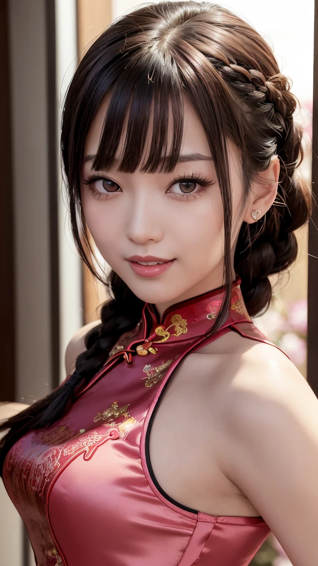 Realistic, masterpiece, highest quality, Highest resolution, One Japanese woman, Happy smile, Detailed and beautiful eyes, Iris, Sparkling eyes, Thin eyebrows, Gives your eyelashes a delicate finish, False eyelashes, Natural Makeup, (Braided Hair, Blunt bangs, Brown Hair:1.2), Detailed face, She looks to the side and into the distance, laughing, Mouth open, cheeks pink, (Classic and sexy black cheongsam, Detailed decoration:1.3), (Fitted clothing:1.3), Upper body photo, Leaning forward, Gray blank background