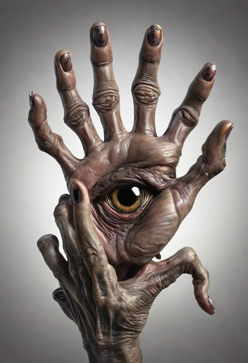 Monstrous, deformed and emaciated hand with horror eyes on back and palm of hand photorealist style