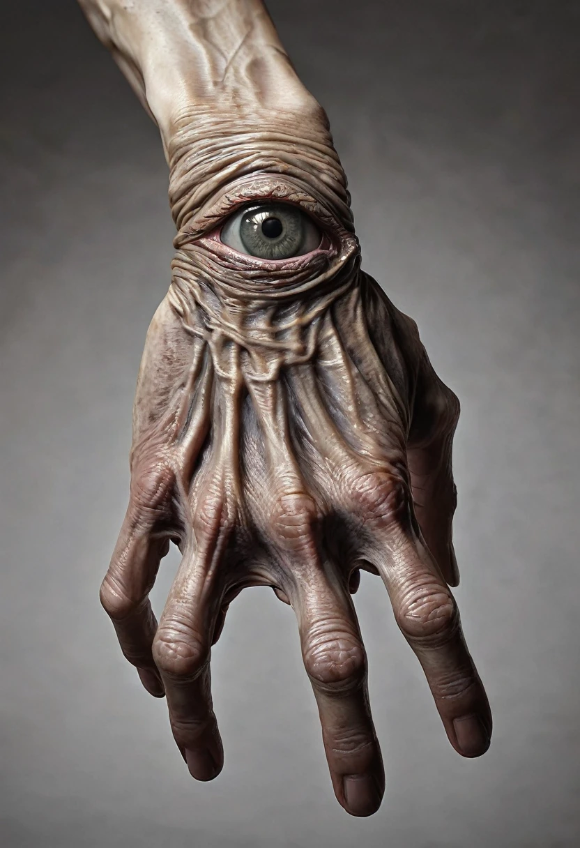 Monstrous, deformed and emaciated hand with horror eyes on back and palm of hand photorealist style