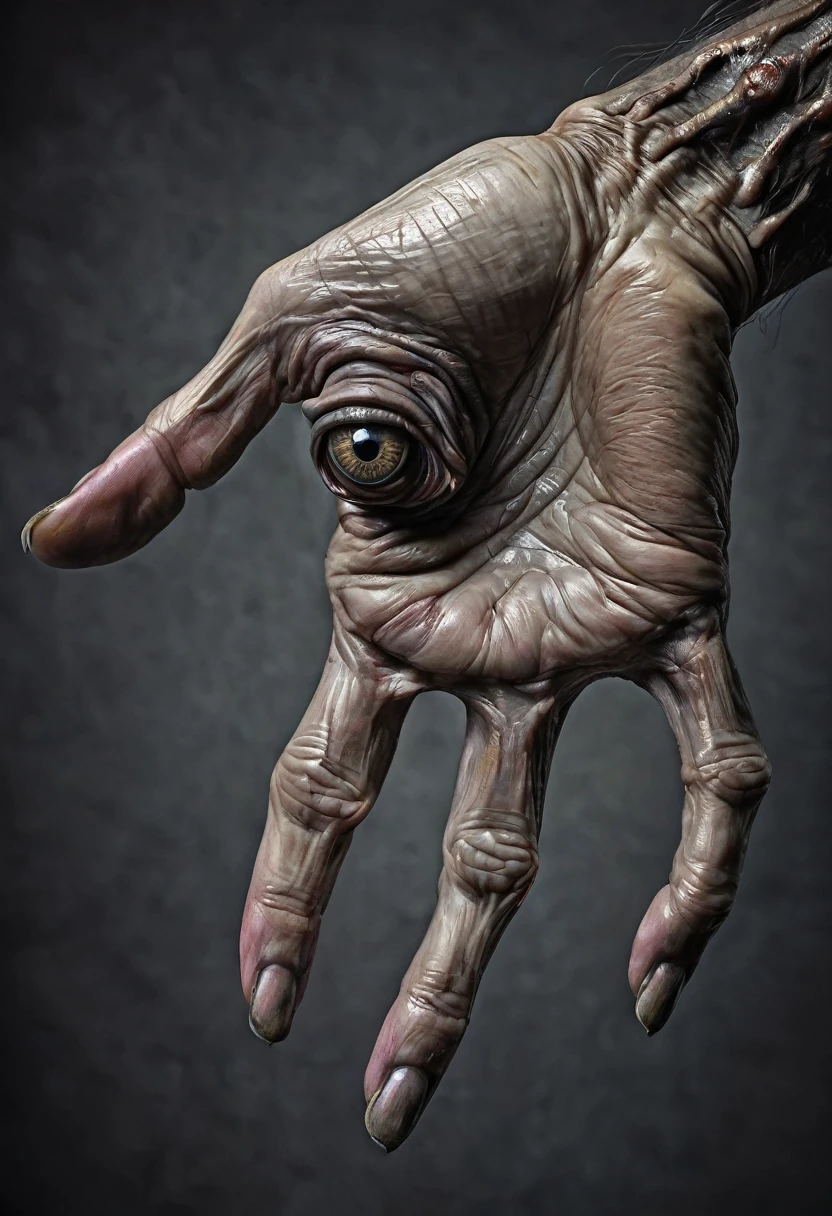 Monstrous, deformed and emaciated hand with horror eyes on back and palm of hand photorealist style