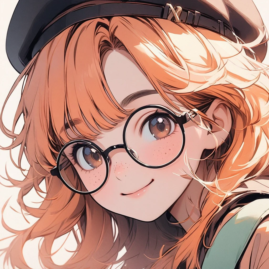 Girl, pastel orange hair, pastel colors, face close up, messy hair, adventure, explorer, beret, round glasses, smiling, pure, simple, brown eyes, big freckles, beautiful, pretty, cute, young