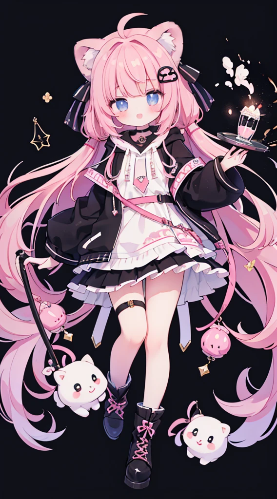 (masterpiece、top-quality、hightquality)、full body of a young girl、One Little Girl、Long pink hair、Tied hair、Fluffy、Black short skirt、Mafia Girls、full bodyesbian、Fluffy atmosphere、Leather boots、Pure white background、smil、Active、lion motif hoodie、
