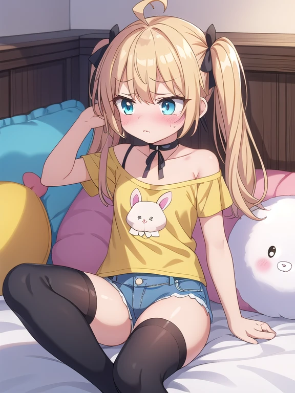 ((highest quality)), ((masterpiece)), (be familiar with), perfect face, long hair, twin tail, blonde hair, (((toddler))), off shoulder, (black underwear on yellow T-shirt), open eyes wide, empty eyes, blue eye, black ribbon on head, black choker, ((upset)), ((blush)), ((flabbergasted)), from front, bed room, flustered, (((small breasts))), lying, ahoge, strangulation, sit, (rigid denim), black thigh-high socks, ((holding a stuffed rabbit doll)), hide your face, looking away