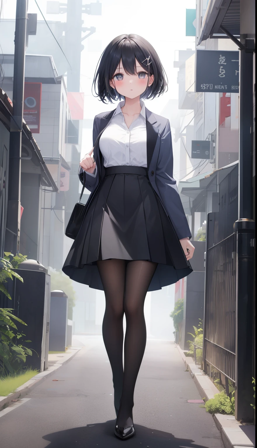 One Girl、positive、Standing posture、Full body portrait、Black Hair、Medium Haircut、blush、Absolute area、Black knee-high socks、Knee-length、stockings、Black Pantyhose、White underwear、Light blue shirt、Blue grey jacket、Grey flared mini skirt、Japanese office lady、Summer clothes、classroom、Standing at the podium、Daytime、（Very large breasts）、Cleavage、open chest shirt、((Lesbians all over the world))、masterpiece、（highest quality）、
Panties around the ankles、Black high heels、Shirt buttons fly off、The wind blows up my skirt、hold the skirt with both hands、hairpin