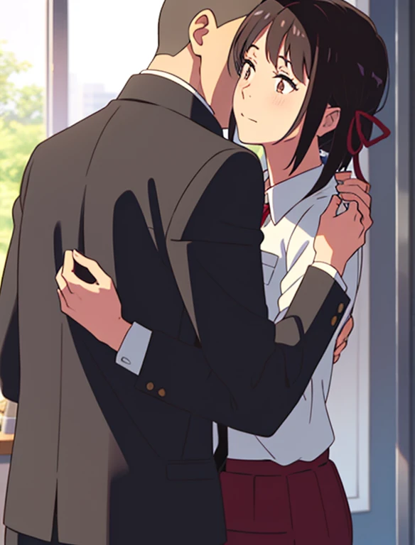 shinkai makoto, kimi no na wa., 1boy, buzzcut,office suit, boy buzzcut passionate hug, buzzcut boy is hugging from behind, 1girl, long sleeved white shirt with a pocket and a red ribbon on the collar, medium breast, shirt tucked down, short hair, black hair, brown eyes, cowboyshot, close up, bedroom, hair band, hair ribbon ,