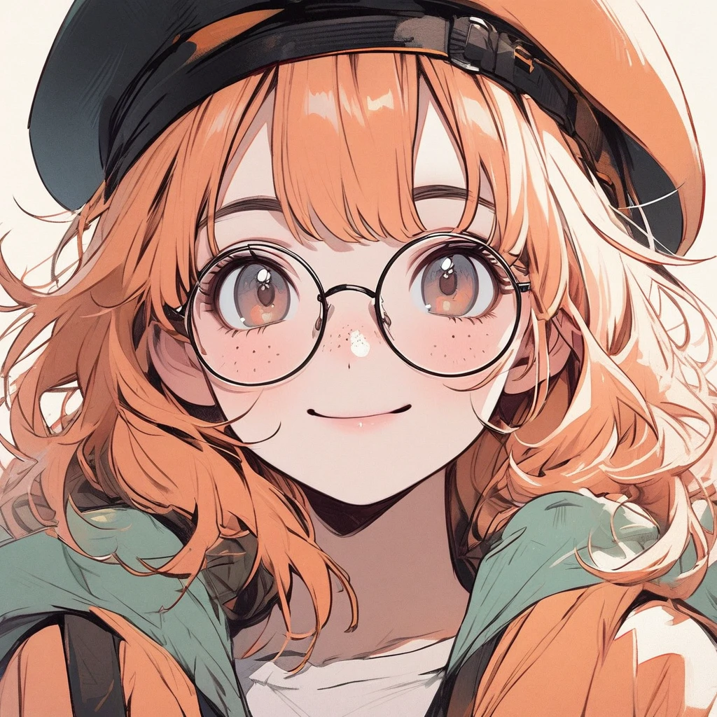 Girl, pastel orange hair, pastel colors, face close up, messy hair, adventure, explorer, beret, round glasses, smiling, pure, simple, hazel eyes, big freckles, beautiful, pretty, cute, young