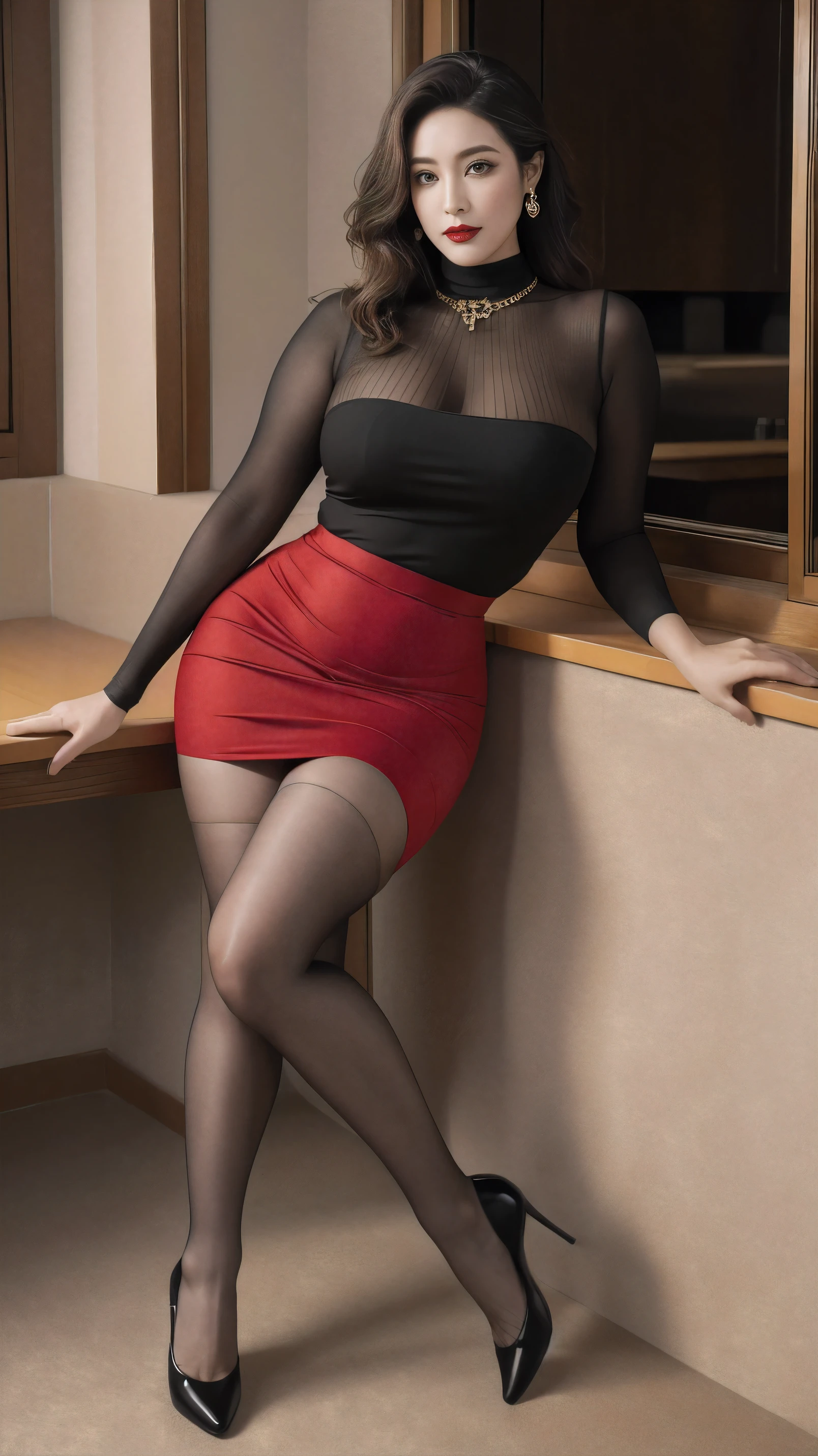 outdoor,Scenes,Clothes color random, (No cleavage),thigh, cosmetic, (Lipstick: 1.1), (Eyeliner: 1.2), mascara, Eyeshadow,Outdoor sports, earrings, necklace, Black pantyhose, Wrinkles at the corners of the eyes, Oral wrinkles,High Neck Knit Bodycon Skirt,full-body shot,An Asian Japanese woman,65 years old,big eyes,elegant temperament elegant temperament,(masterpiece:1.2, best quality), Practical, (real picture,45 years old, Intricate details, Depth of Field,High neck clothes), careful, The content is very detailed, This is a perfect face, Perfect body, Large Model, Mature woman, High, Leg length,Black silk suspenders,8k,best quality, masterpiece, Ultra-high resolution,(lifelike:1.4), original photo, Stay focused, detailed, dramatic, Exquisite beautiful woman, (tall and straight:1.1),(Fat goddess desetallic high leg high collar dress mini skirt:1.0),(High collar fitted skirt),half butterfly earrings, double ring necklace, (:1.05), (65 years old, : 1.4), cosmetic, (Lipstick: 1.1), (Eyeliner: 1.2), mascara, Eyeshadow, Long curly hair, Dynamic Angle, (Red lips)Beautiful graphics, thigh long,Random Color Greasy Reflective Tights, Scenes,Fishnet socks,Red high heels